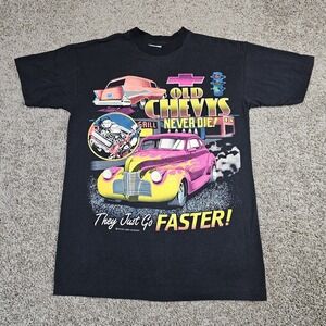 VTG Old Chevys Never Die They Just Go Faster T-Shirt Mens M Black Tee Shirt SSI
